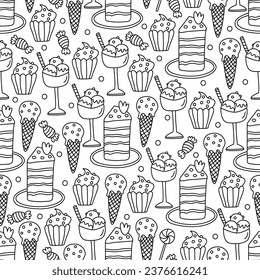 Seamless pattern with ice cream,  cakes and candies. Doodle hand drawn vector illustration on white background black outline.