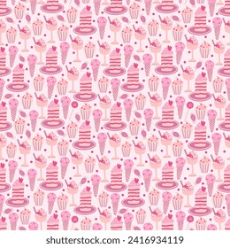 Seamless pattern with ice cream, cakes and candies. Hand drawn flat vector illustration on pink background. Great for celebration, party and birthday themes.	