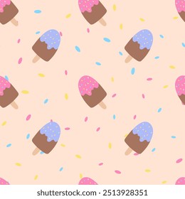 Seamless pattern with ice cream and candy sprinkles. Childish texture for fabric, textile, apparel, wallpaper. Vector illustration