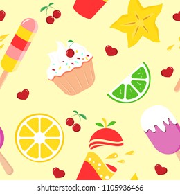 Seamless pattern with ice cream, cap cake, lemon and lime slices, cannon, fresh. Vector background for cafe, restaurant menu, wrapping paper, banner design. Creative summer wallpaper.