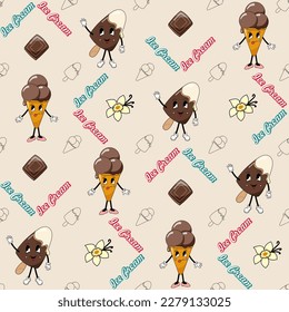 Seamless pattern with ice cream characters in 70s style