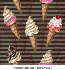 Seamless pattern with ice cream  and cherries for your design. Vector illustration.