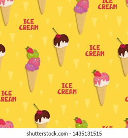 Seamless pattern of ice cream with chocolate, fruit, cherries. Pattern in cartoon style on white background for menu, banner, flyer, poster, fabric, wallpaper, textile. Vector