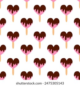 Seamless pattern. Ice cream with chocolate, in shape of heart. Summer time sweet food background. Vector flat illustration.