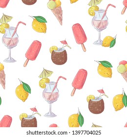 Seamless pattern ice cream cocktail fruit. Vector illustration.
