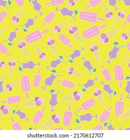 Seamless pattern with ice cream and cocktails. Flat icon ice cream with white outline. Summer background with ice cream. Design for print on fabric, wrapping paper, wallpaper. Vector illustration
