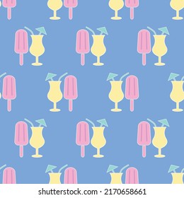 Seamless pattern with ice cream and cocktails. Flat icon ice cream with white outline. Summer background with ice cream. Design for print on fabric, wrapping paper, wallpaper. Vector illustration