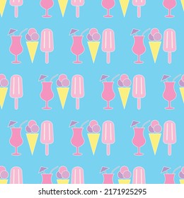Seamless pattern with ice cream and cocktails. Flat icon ice cream with white outline. Summer background with ice cream. Design for print on fabric, wrapping paper, wallpaper. Vector illustration