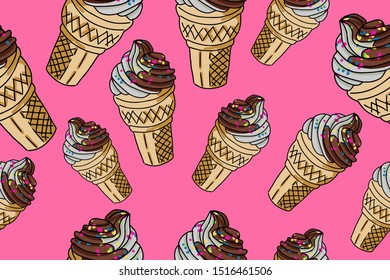 Seamless pattern with ice cream collection. Decorative illustration, good for printing. Hand drawn wallpaper vector