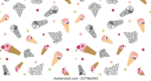 seamless pattern with ice cream colored contour desserts on a white background