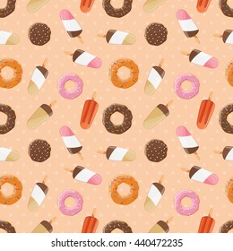 Seamless pattern with ice cream and colorful tasty donuts, vector illustration