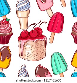 Seamless pattern with the ice cream cone, frozen juice lolly, cake and pie. isolated hand drawn a white background.