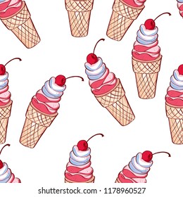Seamless pattern with ice cream. Ice cream cone seamless pattern on light yellow background. Ice cream illustration background
