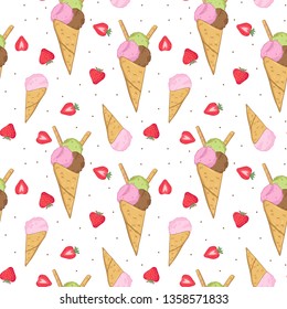 seamless pattern ice cream cone with strawberry on a white background