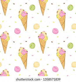 seamless pattern ice cream cone with candy on a white background