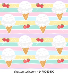 Seamless pattern ice cream cone on pastel rainbow background.