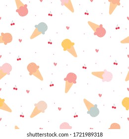 Seamless pattern Ice cream cone Cute cartoon style background With cherry and heart icon Design used for fabric, textile, publication, vector illustration