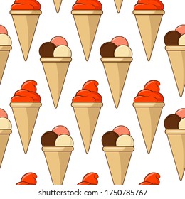 Seamless pattern of ice cream in cone waffle cups. Vector illustration on the theme of food.