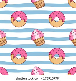 seamless pattern of ice cream cone and strawberry donut with doodle style