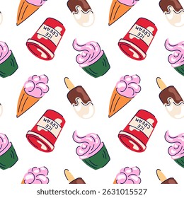 Seamless pattern with ice cream cone, popsicle cup and cupcake in flat style on white background. Perfect for dessert packaging, summer theme design and sweet food illustration.