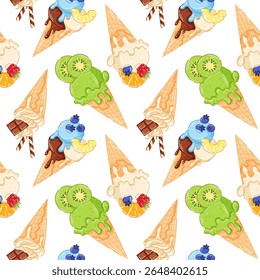 Seamless pattern with ice cream cone with flavor kiwi, vanilla, blueberry, chocolate in cartoon style. Dessert package design for summer food, cafe wallpaper.