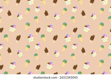 A seamless pattern with ice cream cone, popsicle and dessert cup on pastel background creates playful summer vibe, This vector drawing tools and software, not generated by AI