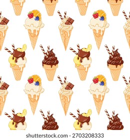Seamless pattern of ice cream cone in cartoon style. Fruit and chocolate topping on white background for desert cafe package.