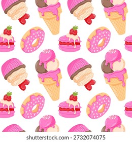 Patrón sin fisuras con cono de helado, dona y macaron. Fondo juguetón del día de San Valentín para el embalaje, textil, Fondo de pantalla y diseño de panadería.
