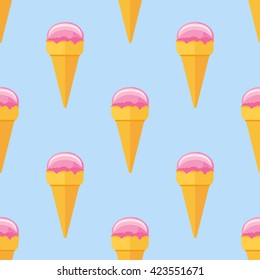 Seamless pattern with ice cream cone on blue background. Vector texture.