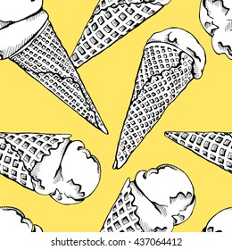 Seamless pattern of a ice cream cone on yellow background. Vector illustration.