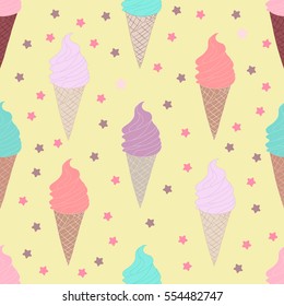 Seamless pattern with ice cream in the cone on yellow background with stars
