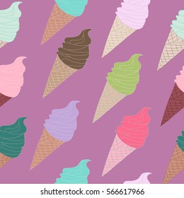 Seamless pattern with ice cream in the cone on dark pink background