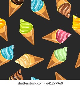 Seamless pattern of ice cream cone sweets on a black background