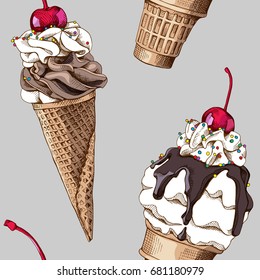 Seamless pattern. Ice cream (cone and in a glass) with Cherry on a gray background. Vector illustration.