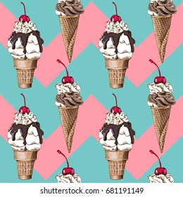 Seamless pattern. Ice cream (cone and in a glass) with Cherry on a geometric pink-green background. Vector illustration.