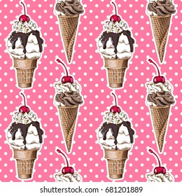 Seamless pattern. Ice cream (cone and in a glass) with Cherry on a pink polka dot background. Vector illustration.