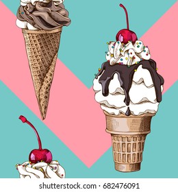 Seamless pattern. Ice cream (cone and in a glass) with Cherry on a geometric pink-green background. Vector illustration.