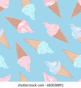 Seamless pattern with ice cream in cone on blue background