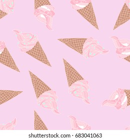 Seamless pattern with ice cream in cone on pink background
