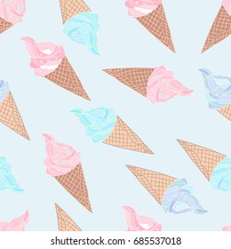 Seamless pattern with ice cream in cone on blue background