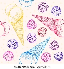Seamless pattern with ice cream cone and raspberries. Hand drawn vector illustration. Perfect  for wallpaper. Packing for a gift, banner, card.