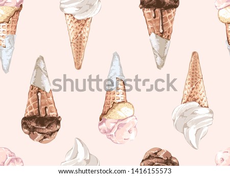 seamless pattern of ice cream cone flavor illustration on pastel background