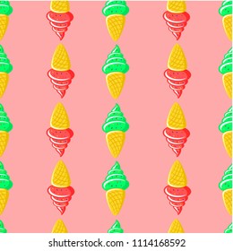 Seamless pattern ice cream cones in pink background