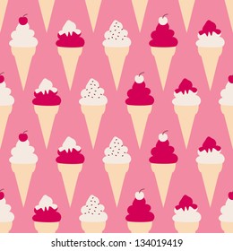 Seamless pattern with ice cream cones against pink background.