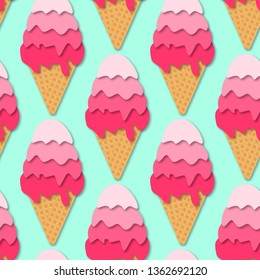 Seamless pattern of Ice cream cones. 3d vector. Paper cut style. Summer dessert.
