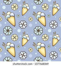 Seamless pattern with Ice cream cones and flowers. Vector illustration in blue color. Tasty summer dessert. Template for fabric and wrapping.