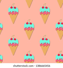 Seamless pattern of Ice cream cones. 3d vector. Paper cut style. Summer dessert.