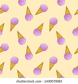 Seamless pattern with ice cream cones hand drawn in vector. Yellow background