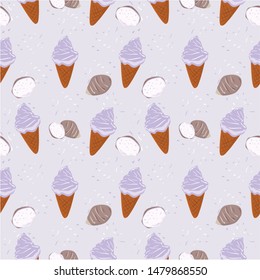 Seamless pattern ice cream cones deserts.Taro soft cream vector.