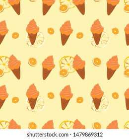 Seamless pattern ice cream cones deserts.orange soft cream vector.